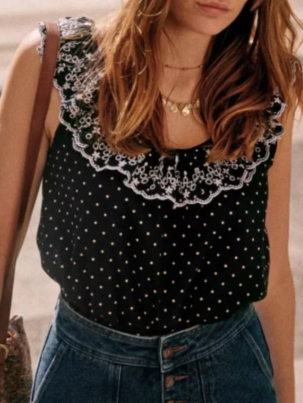 Sezane Black Polka Dot Ruffle Tank Top